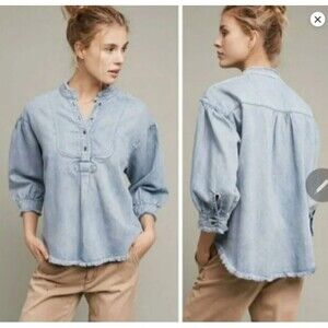 Anthropologie Holding Horses Denim Chambray Fray Edge Top Small